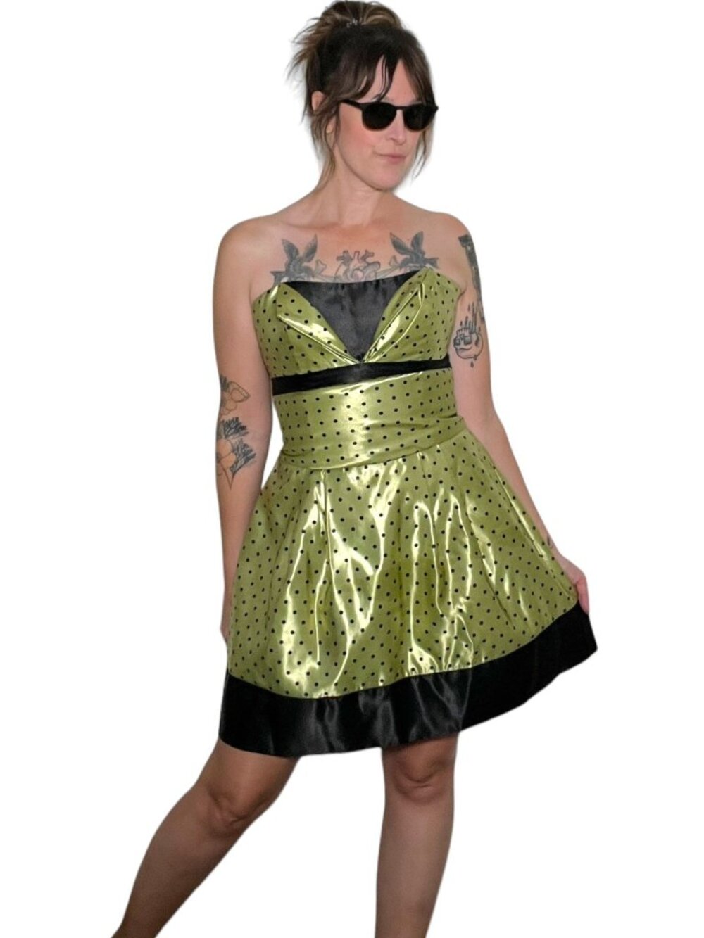 Vintage Jessica McClintock Gunne Sax Satin Strapless Mini Dress Green Blk Dot 9